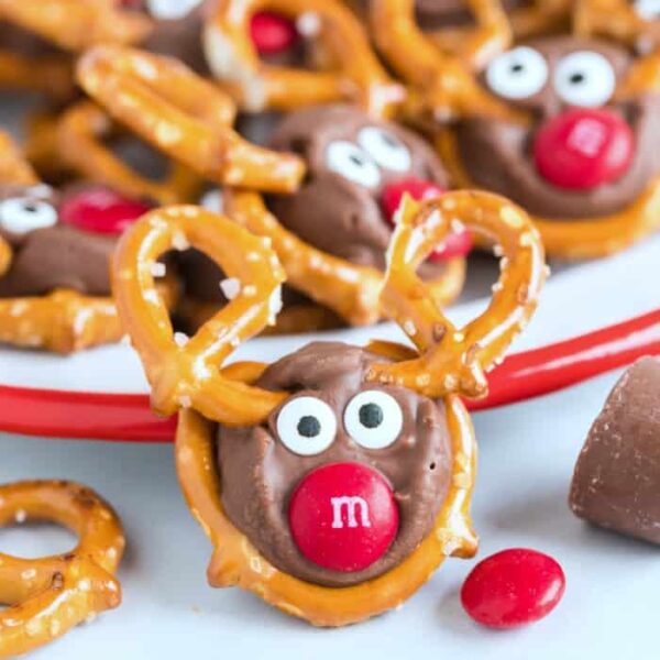 Reindeer Pretzels with candy eyes and red candy nose