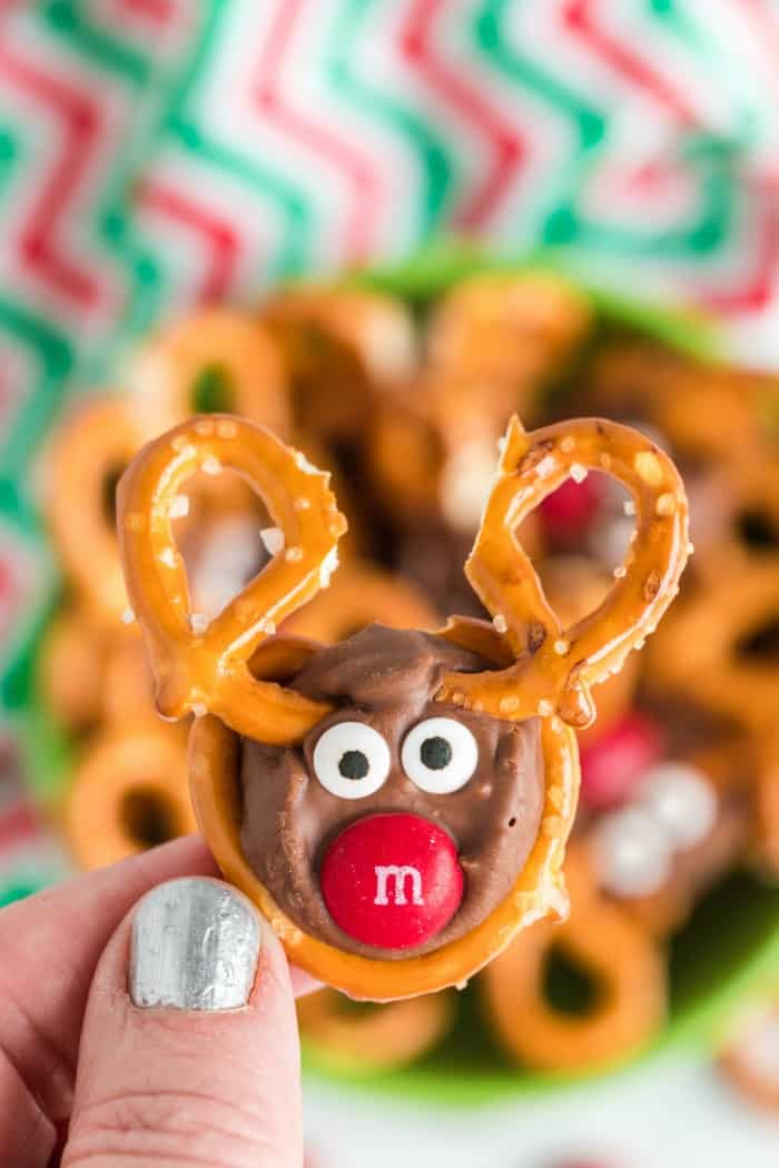 Reindeer Pretzels holding in a hand