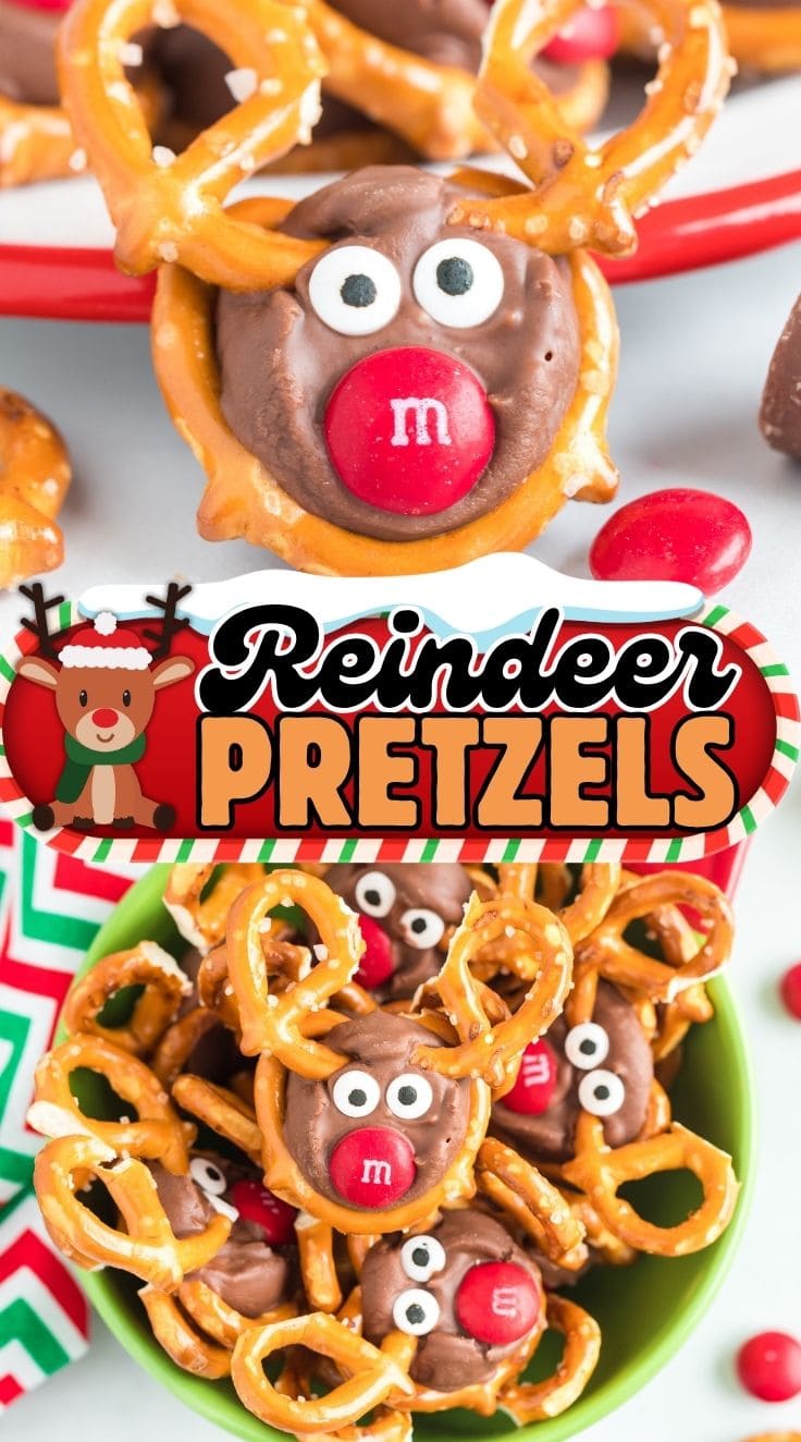 Cute reindeer pretzels made with chocolate, candy eyes, and M&Ms