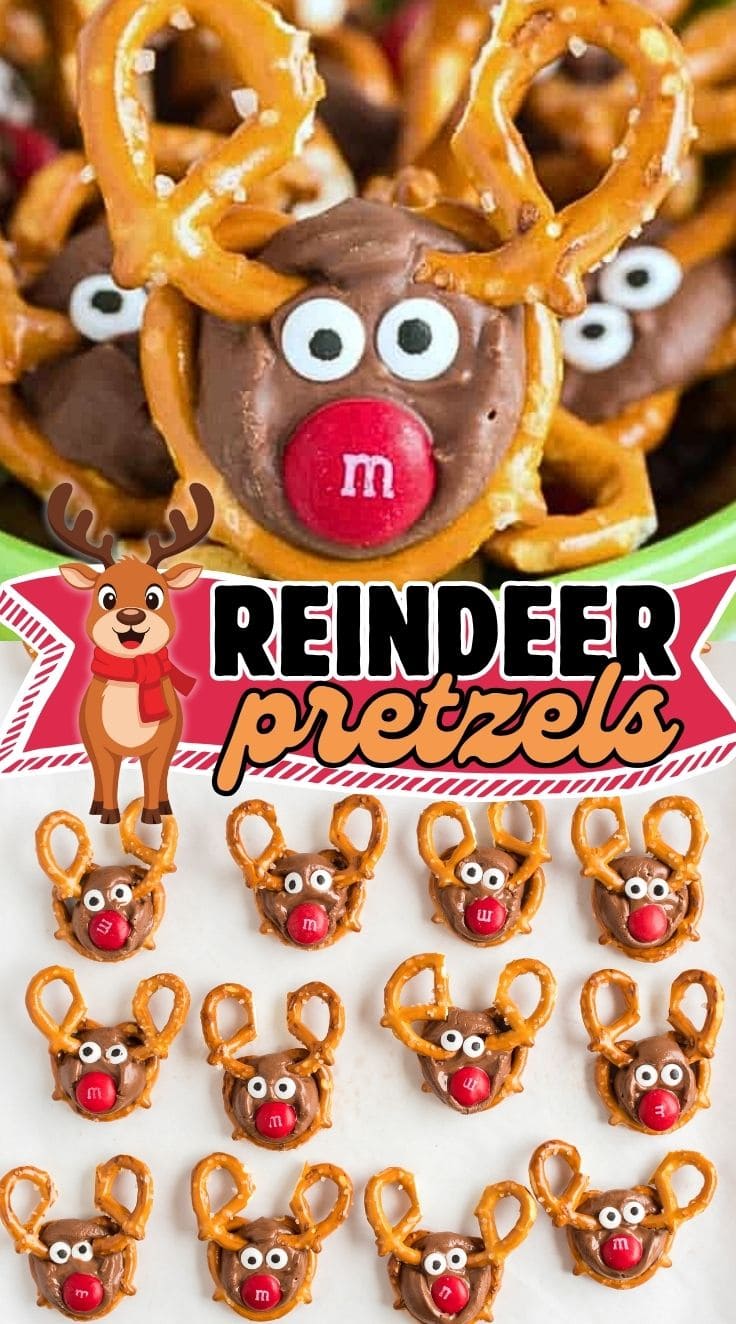 Cute reindeer pretzels made with chocolate, candy eyes, and M&Ms lined on a white surface