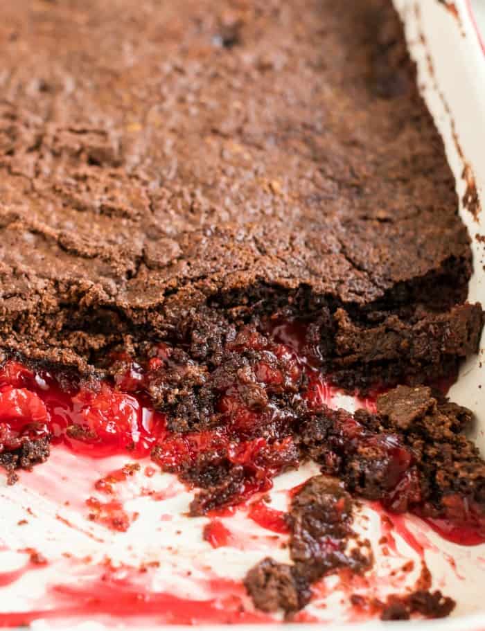 chocolate cherry dump cake in a pan