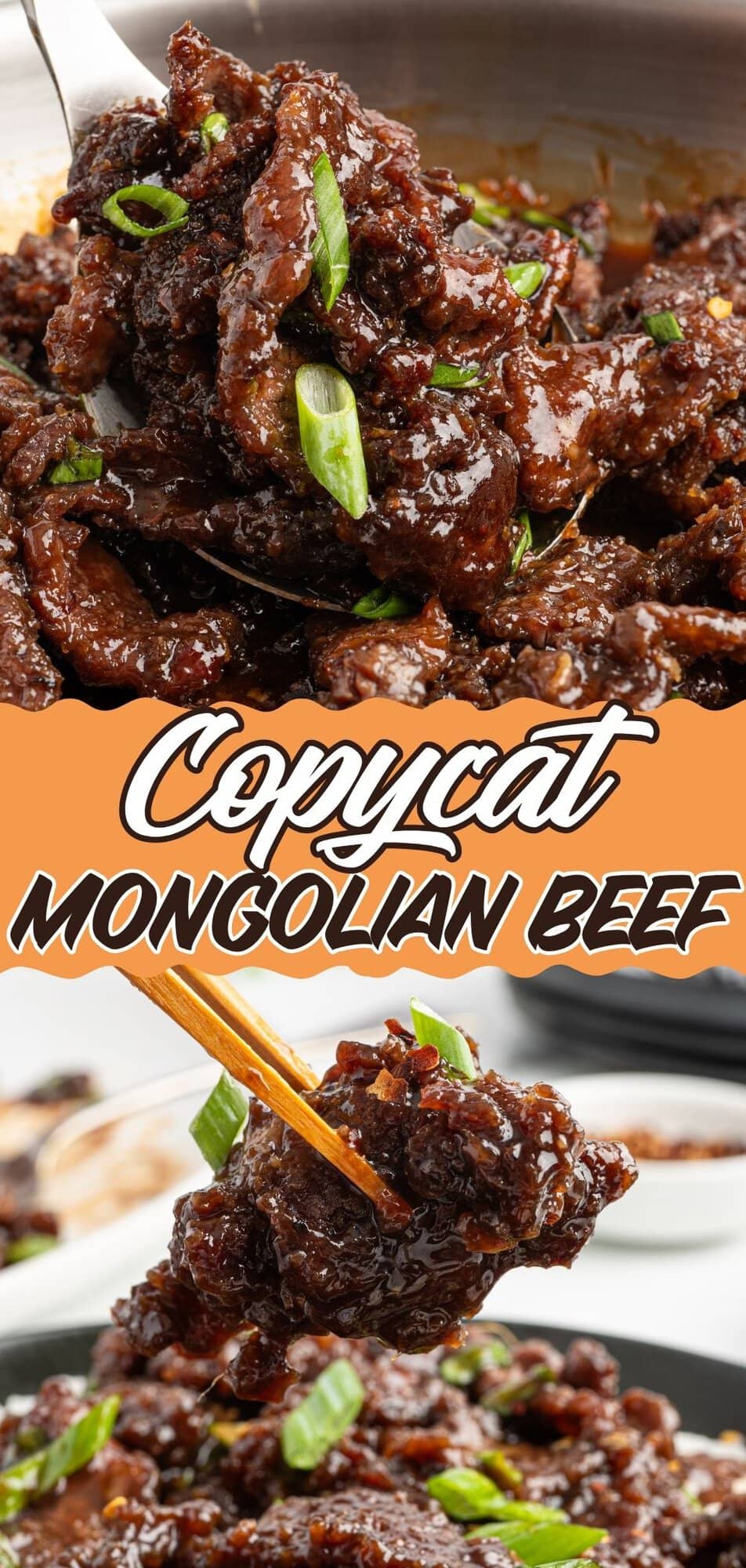 Close-up of glazed Mongolian beef, with a chopstick-held bite shown below.