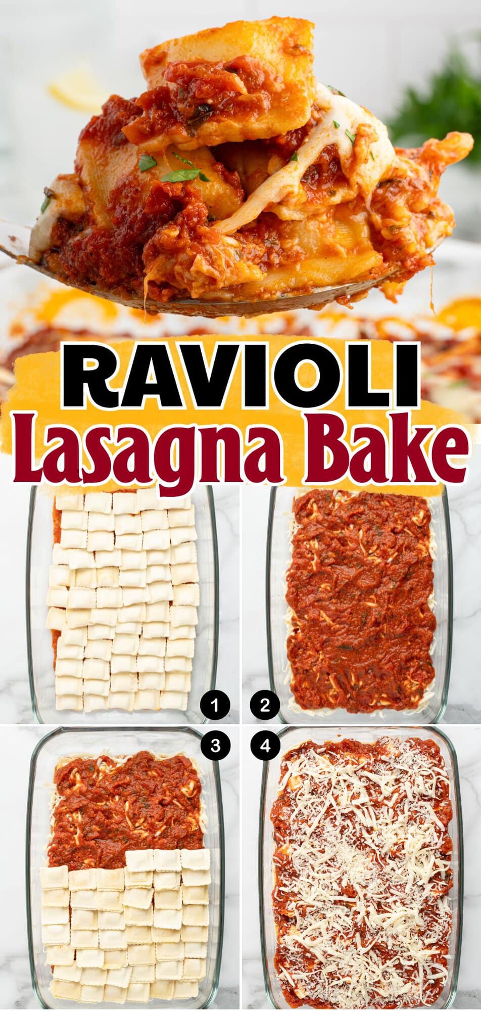 Ravioli lasagna bake recipe pin with a serving spoon lift and step-by-step layering photos.
