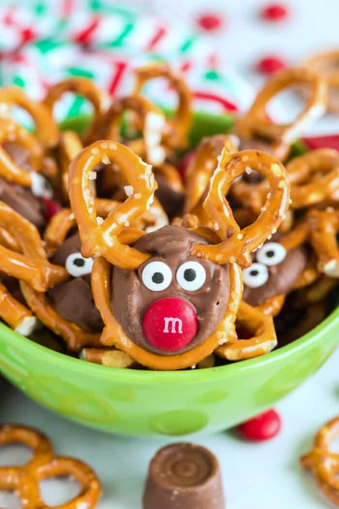 Reindeer Pretzels in a green bowl