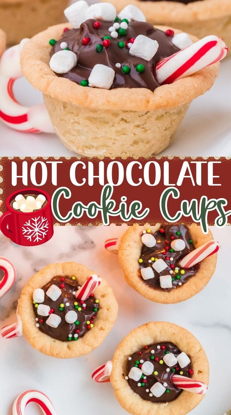 Festive hot chocolate cookie cups filled with chocolate and topped with mini marshmallows