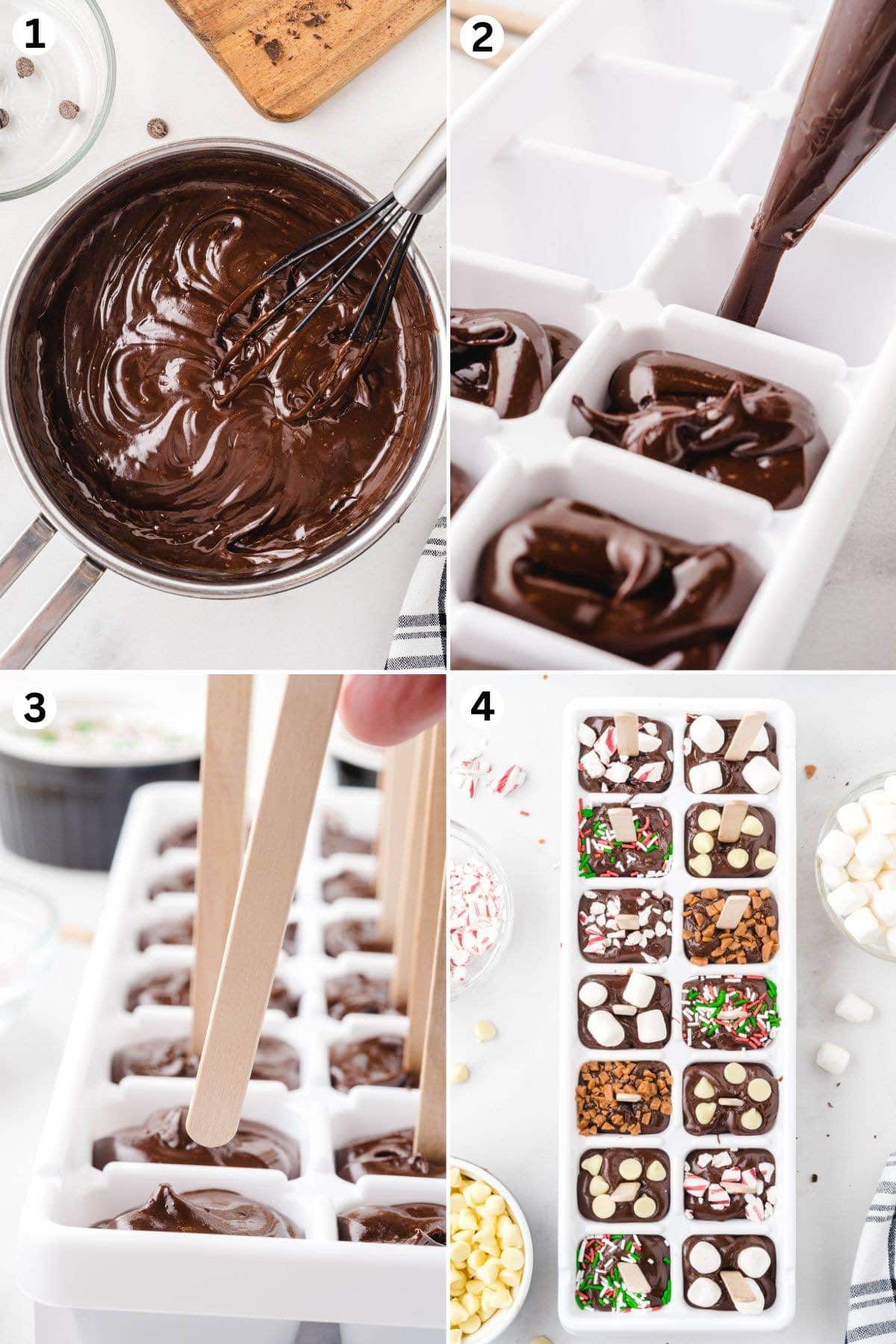 Making hot chocolate on a stick: melt chocolate and cream, pipe into molds, insert sticks, add toppings, and refrigerate until solid.