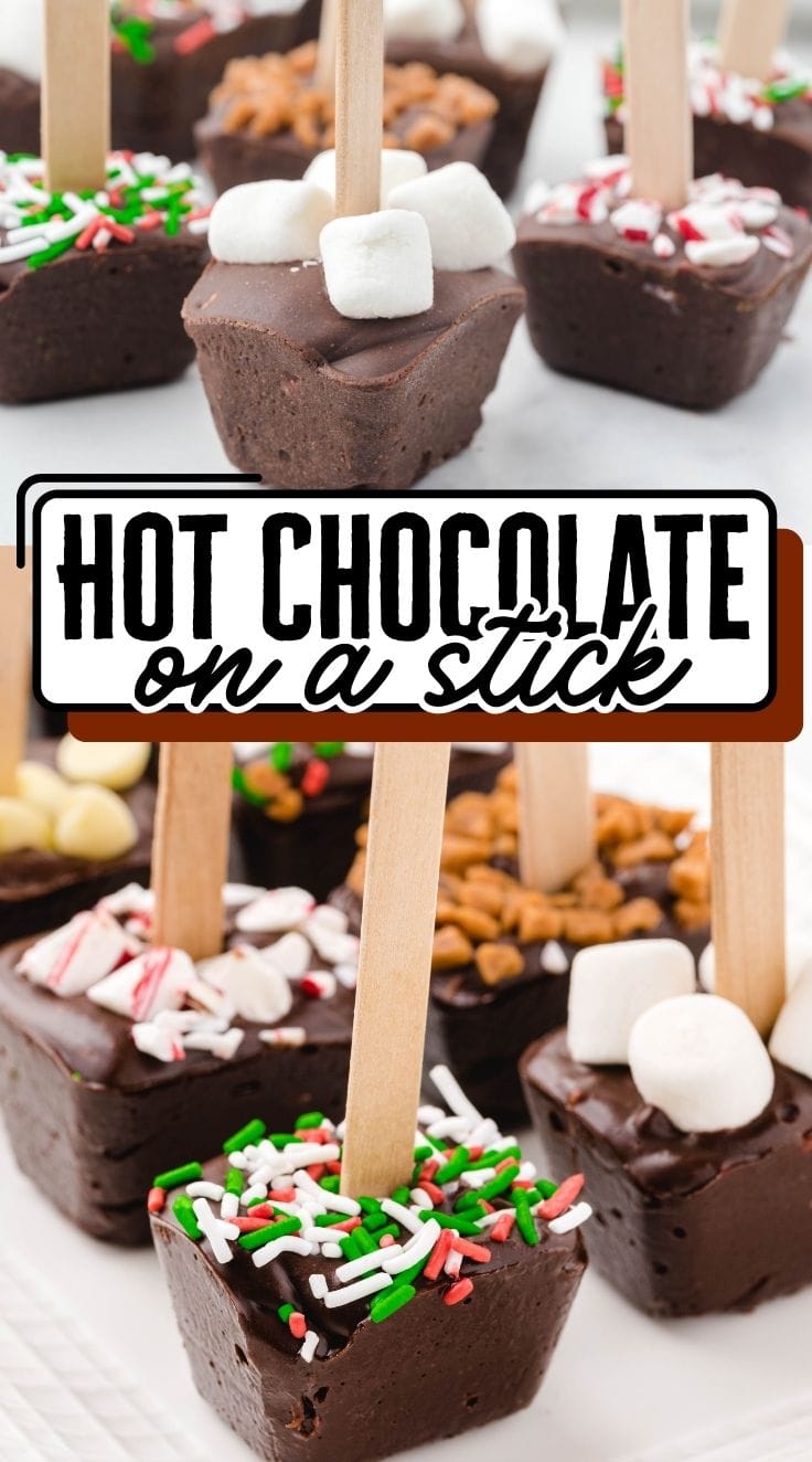 Hot Chocolate on a Stick decorated with colorful sprinkles and mini marshmallows