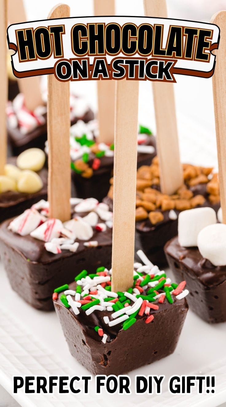 Hot Chocolate on a Stick decorated with colorful sprinkles and mini marshmallows served on a white tray