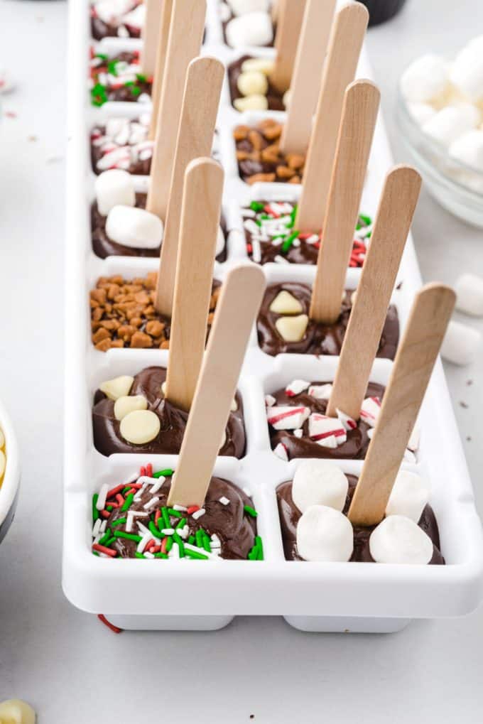 hot chocolate on a stick in ice cube tray