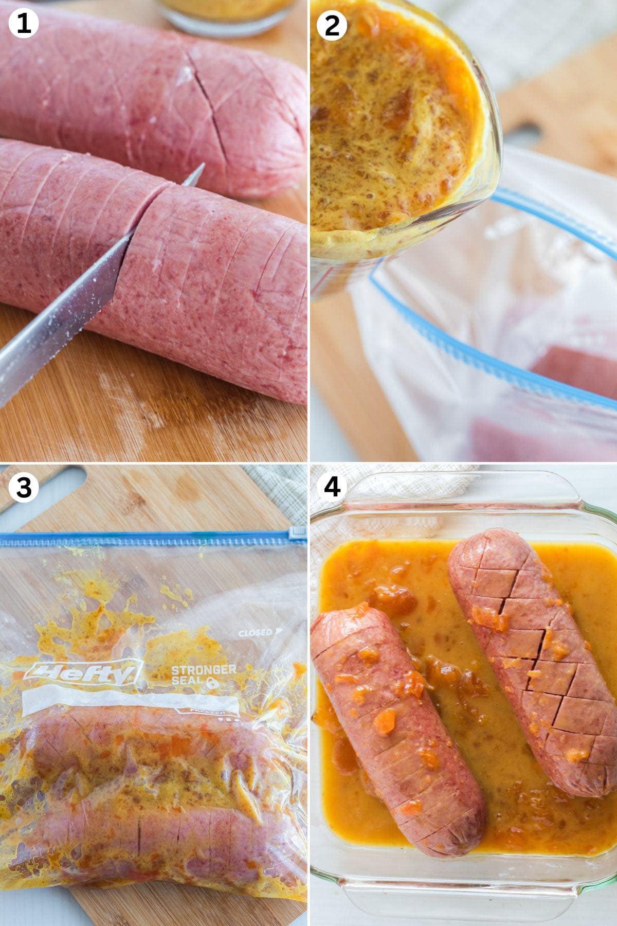 Making baked salami: score the salami, marinate in Dijon mustard and apricot preserves, bake in a dish with marinade, and serve in slices.