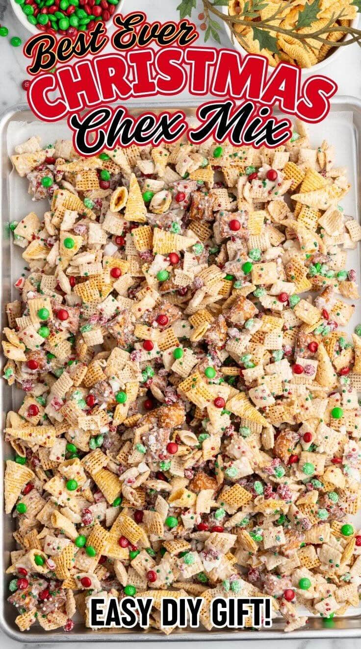 Sweet Christmas Chex mix made with Chex cereal and festive holiday mix-ins, served as a colorful holiday snack mix.