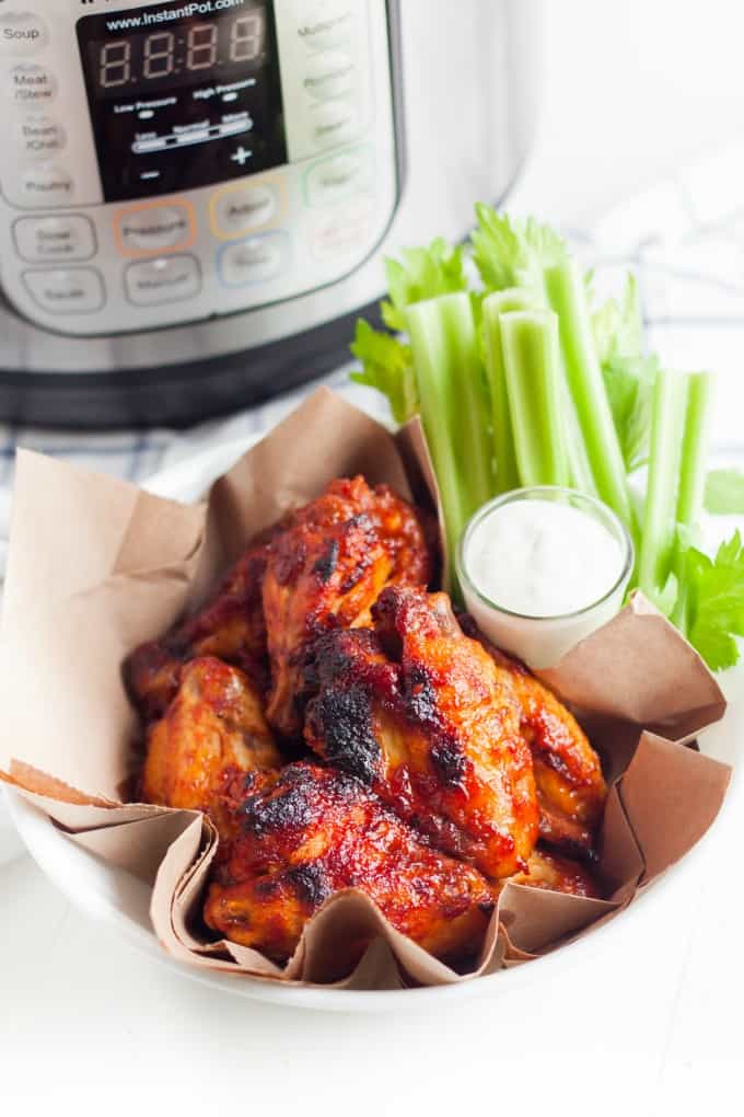 Instant Pot Chicken Wings with celery and blue cheese dressing