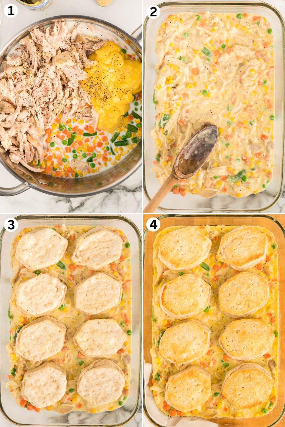 Chicken and veggie mixture topped with partially baked biscuits and baked until golden brown.