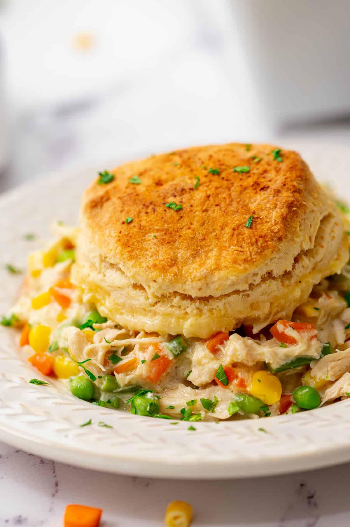 Chicken Pot Pie Casserole on white plate.