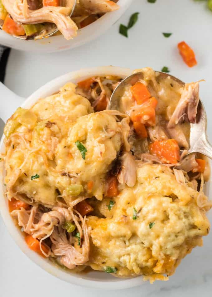 Chicken and Dumplings in a white bowl
