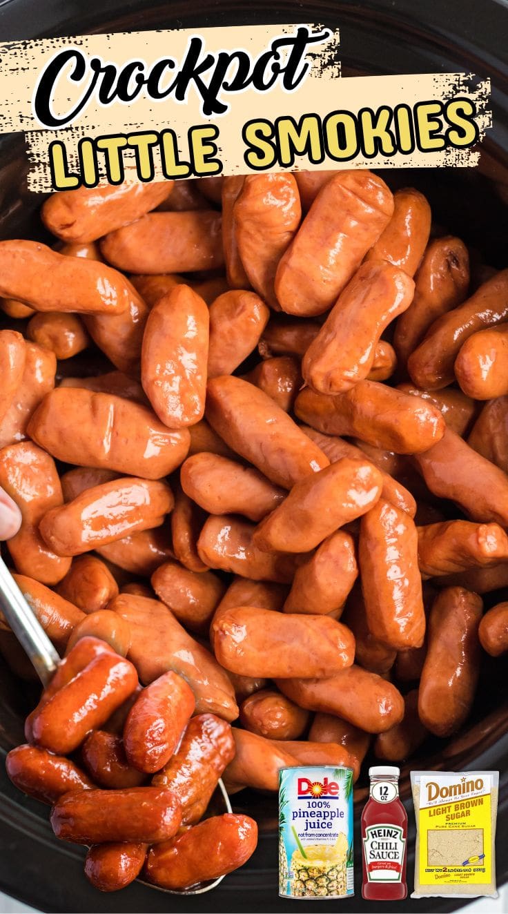 Crockpot little smokies simmering in a slow cooker, served as an easy party appetizer.
