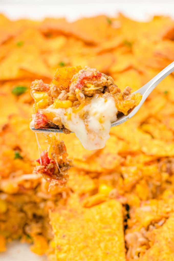 close up of Dorito Casserole 