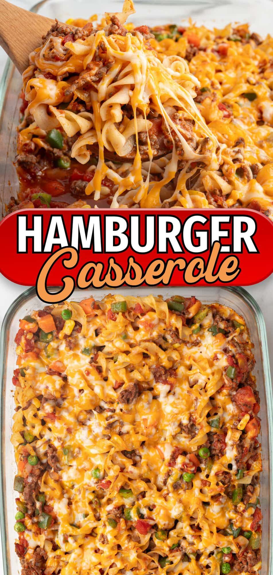Cheesy hamburger casserole being lifted with a wooden spoon, shown above the baking dish.