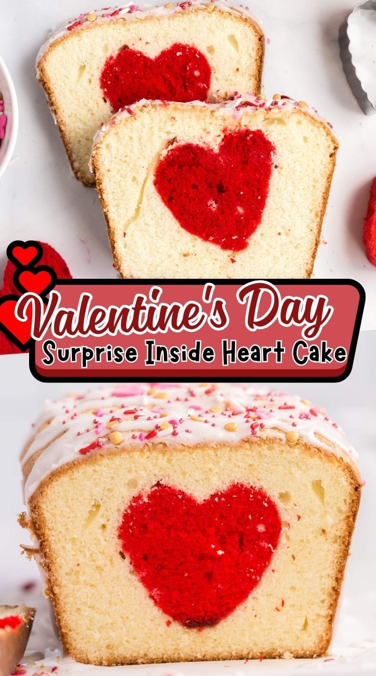Hidden heart loaf cake sliced to reveal a heart shape inside, perfect for Valentine&rsquo;s Day baking.