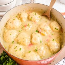chicken and dumpling in a pot with wooden spoon.