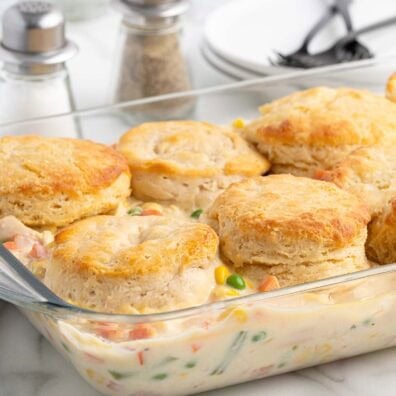 chicken pot pie casserole on top of a white table.