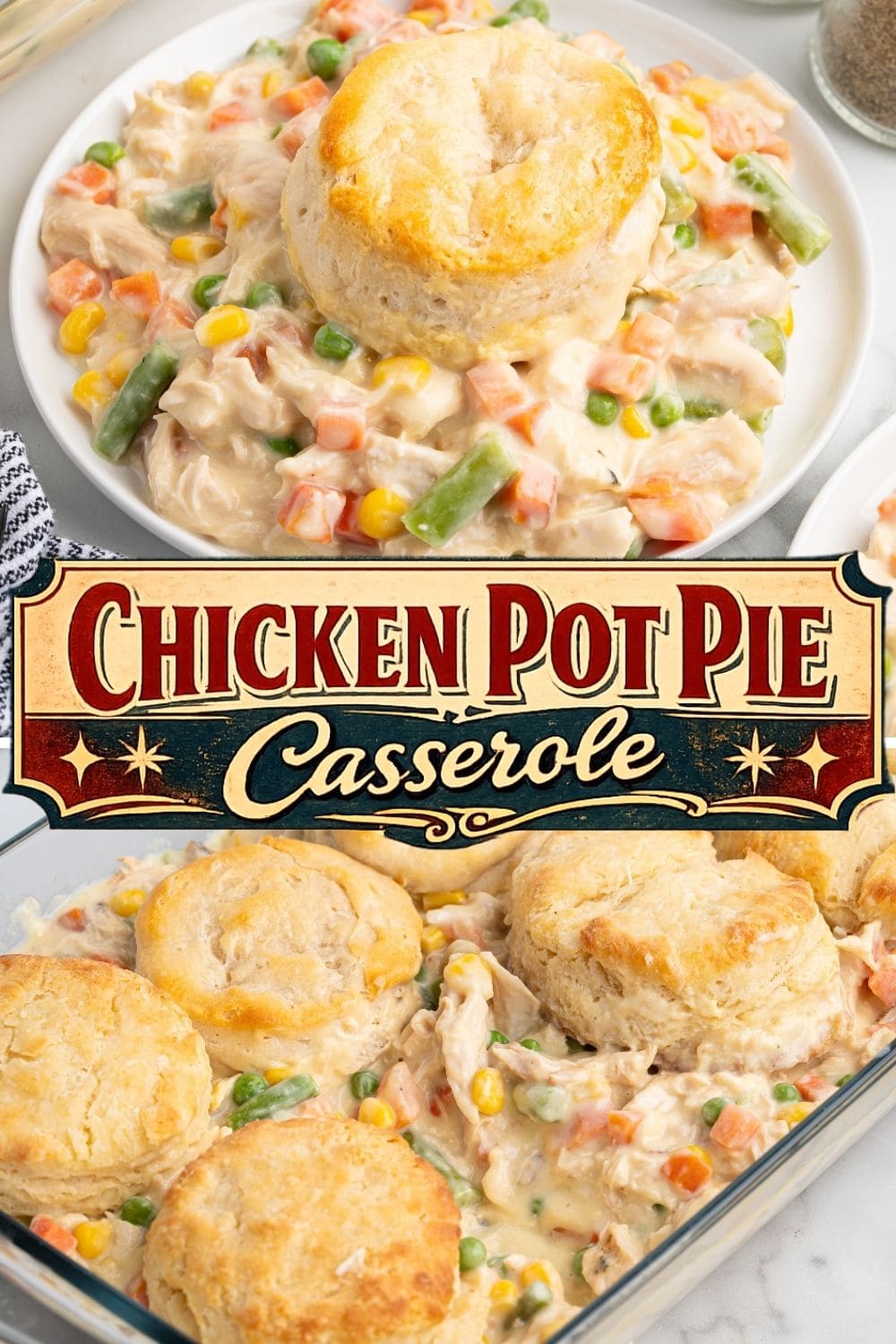 Plated serving of chicken pot pie casserole with a biscuit, next to the baking dish.