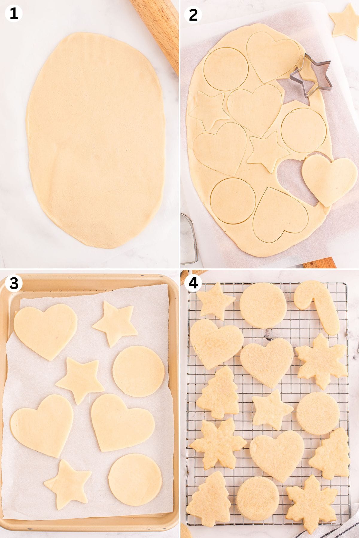 Roll out the sugar cookies. Use cookie cutters to cut out shapes from the dough. Bake until brown. Cool before frosting. 