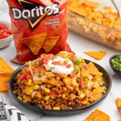 dorito casserole served on a plate.
