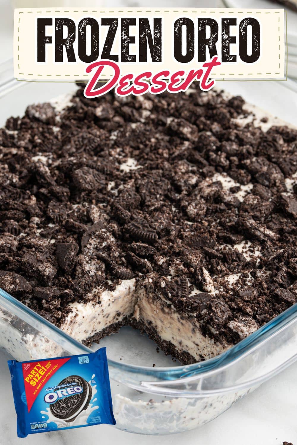 Frozen oreo dessert sliced in a baking dish.