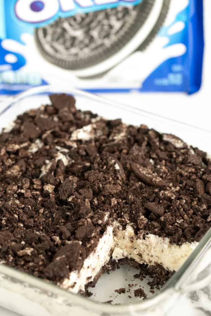 Frozen Oreo Dessert in a glass dish