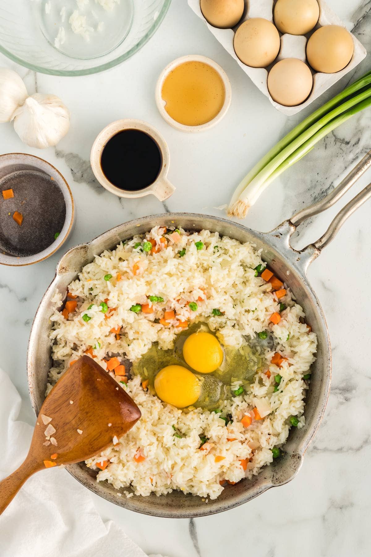 add eggs into the skillet