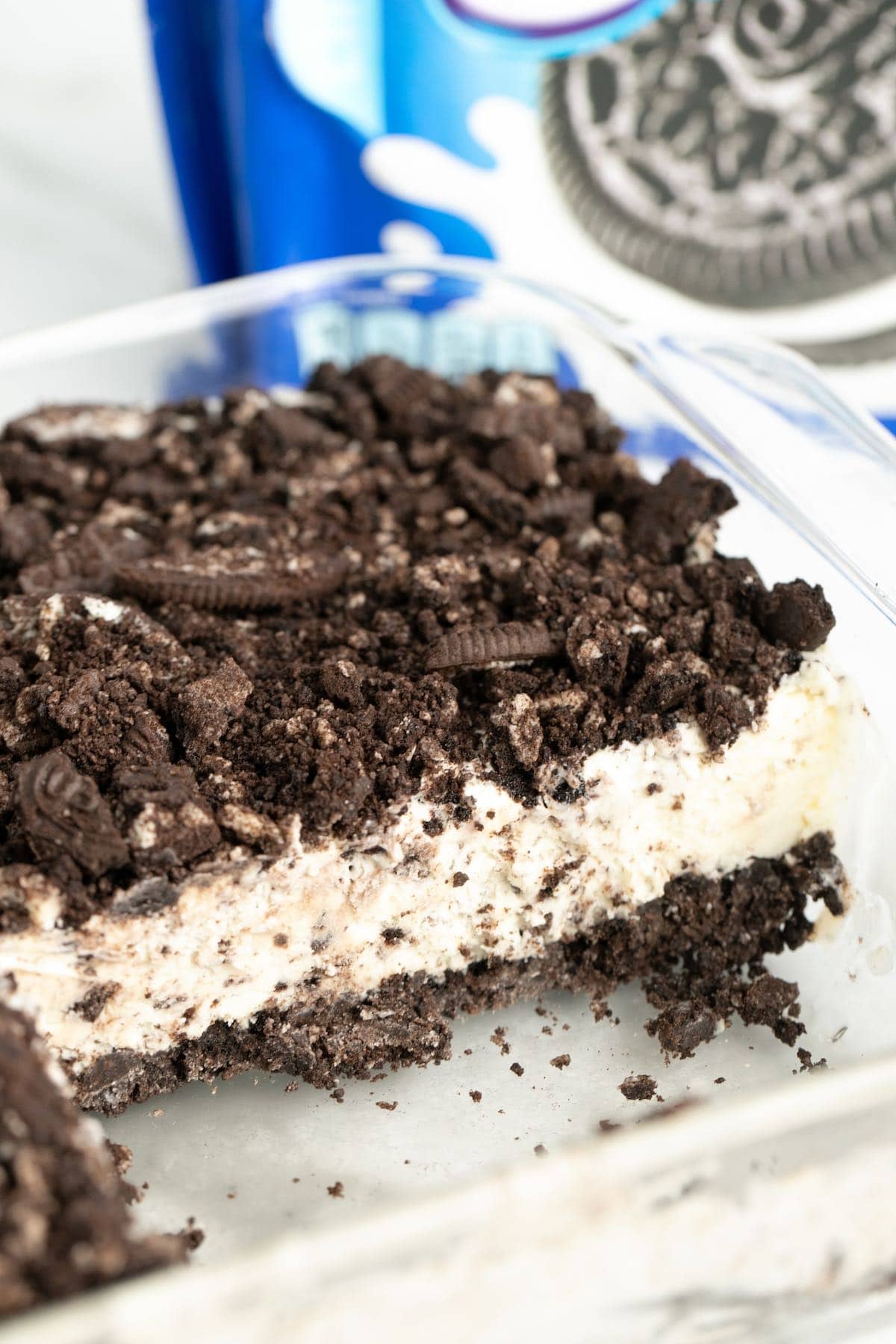 frozen oreo dessert in a glass dish.