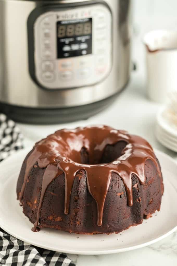 Chocolate Cake on a white plate in front of an instant pot
