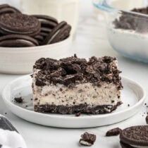 a slice of frozen oreo dessert on a plate.