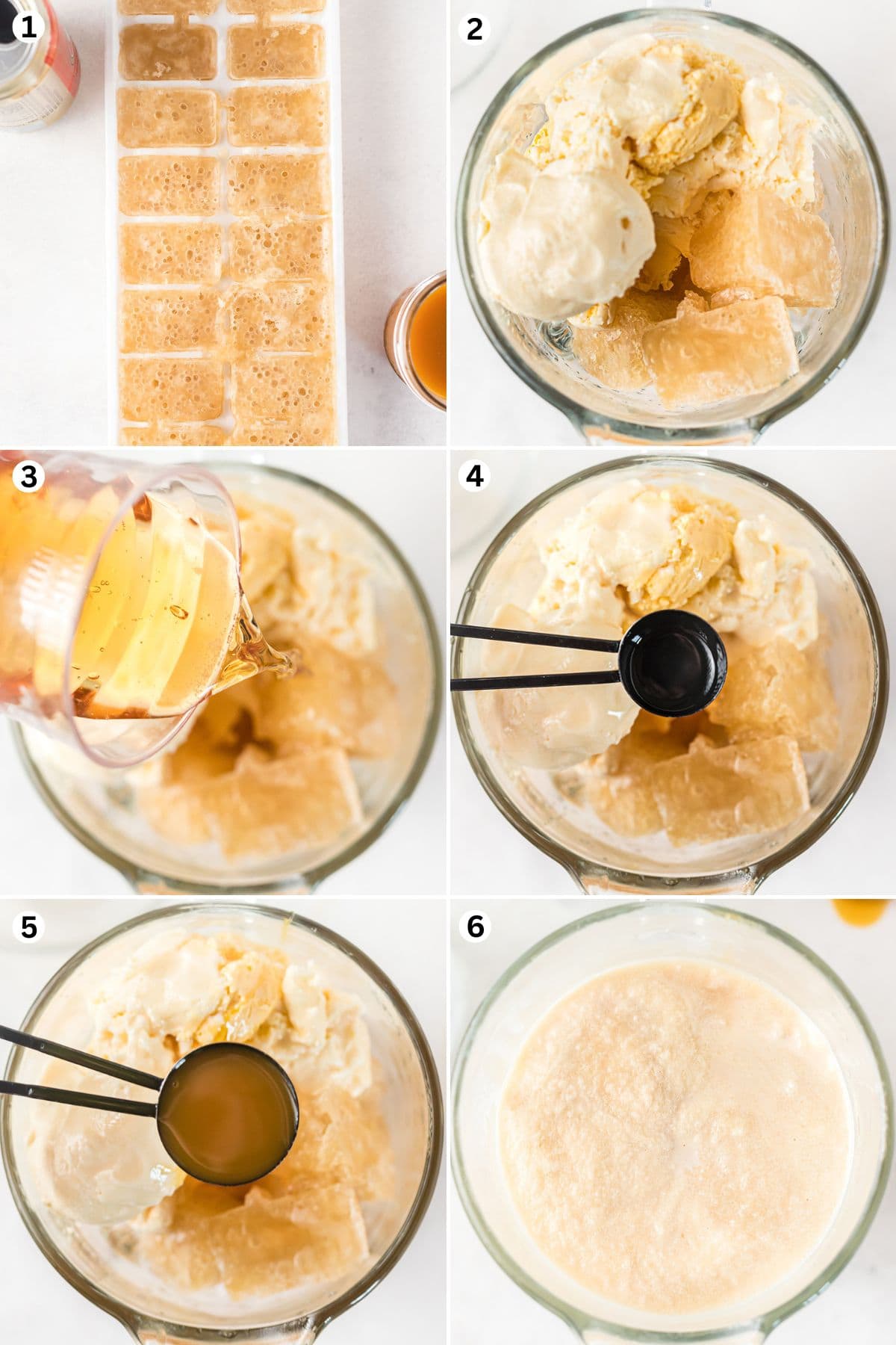 Pour cream soda into ice cube trays and freeze. Blend the frozen soda cubes with ice cream, butter extract, rum extract, cream soda, butterscotch topping