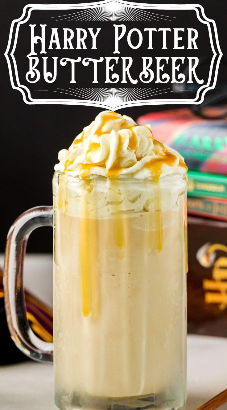 Butterbeer inside a large beer glass with Harry Potter novel in the background