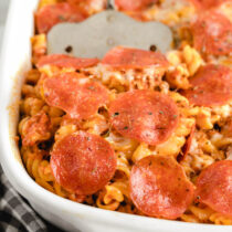 pizza casserole with pepperoni slices.