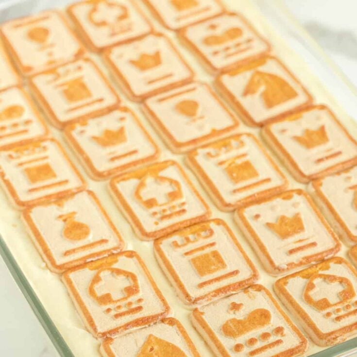 Vanilla wafer cookies arranged in a dish with decorative patterns.