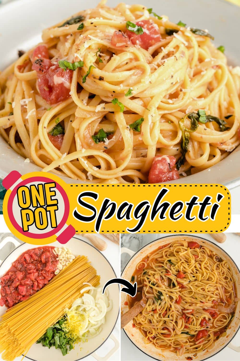 One pot pasta garnished with shredded parmesan and chopped basil.