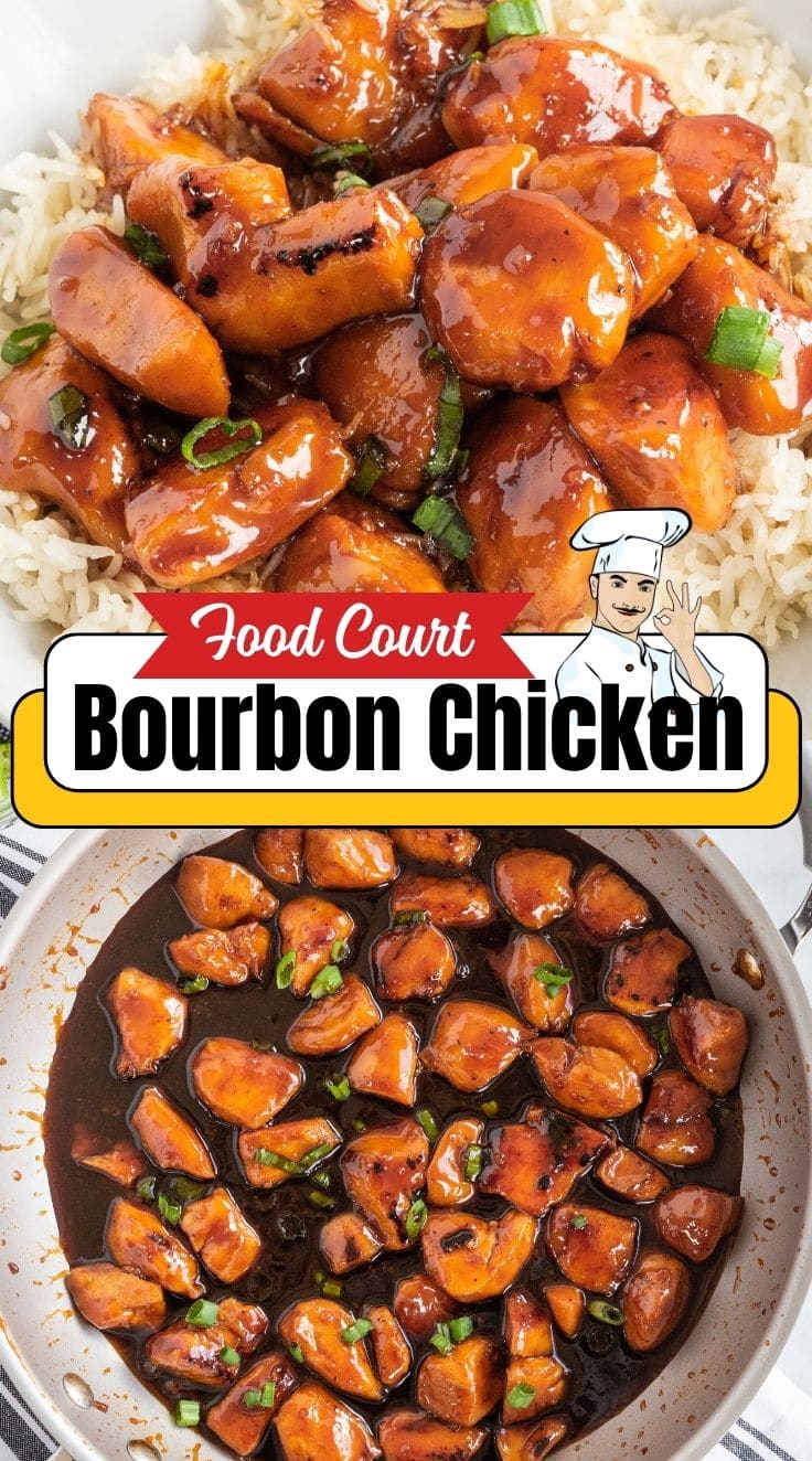 Skillet bourbon chicken coated in a glossy bourbon sauce.