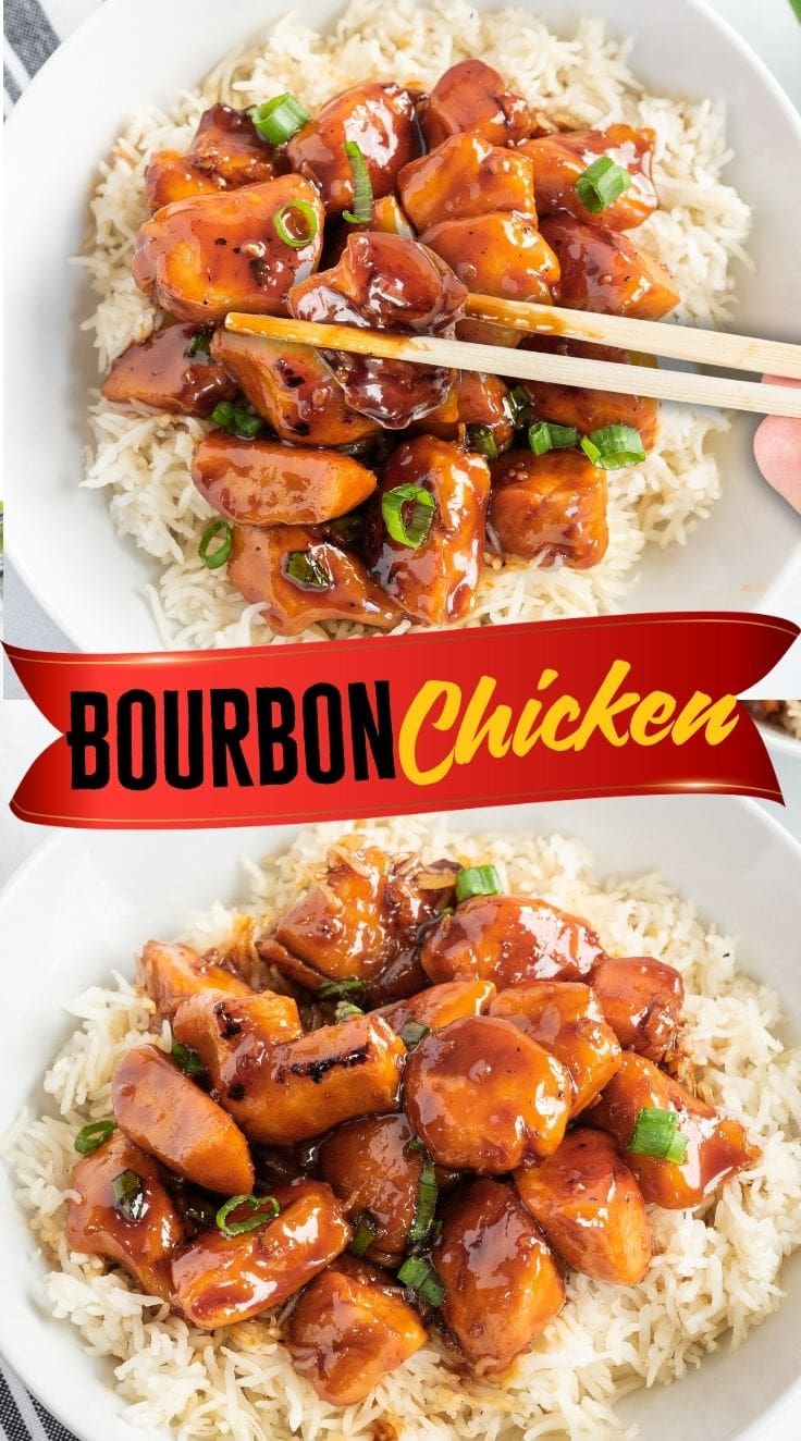 Bourbon chicken coated in a glossy bourbon sauce served with white rice.