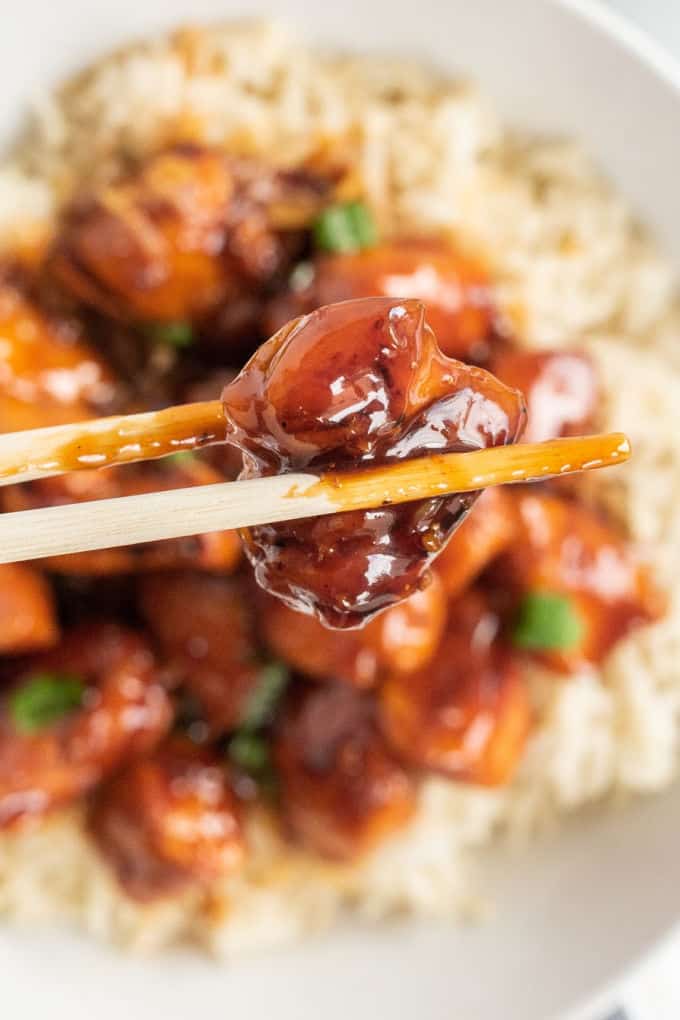 Bourbon Chicken with chopsticks
