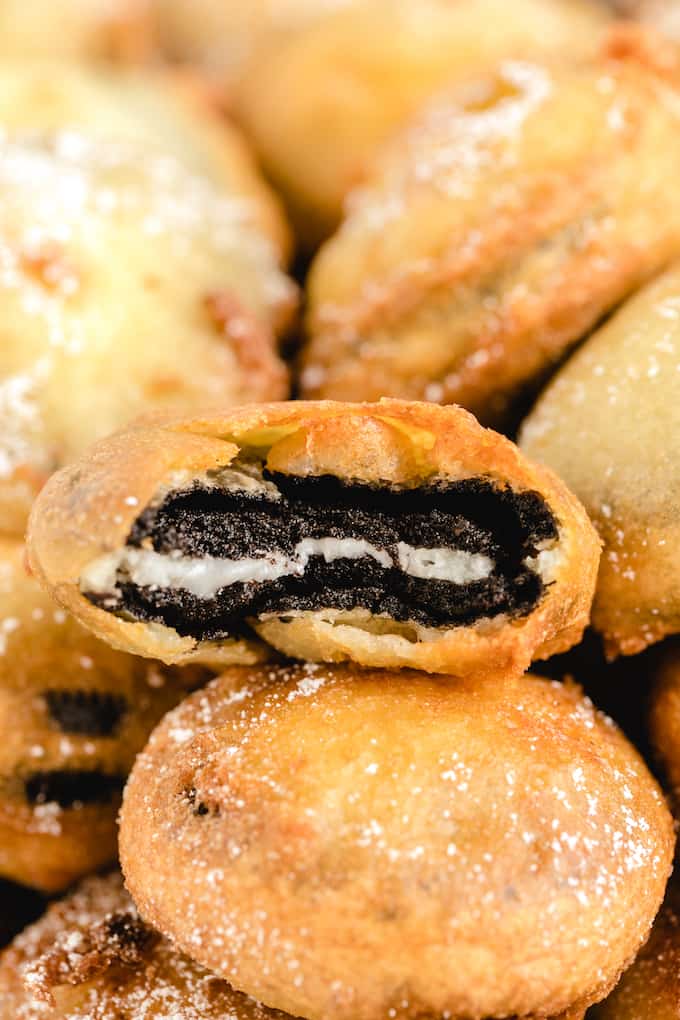 Close up of oreos that are fried in batter