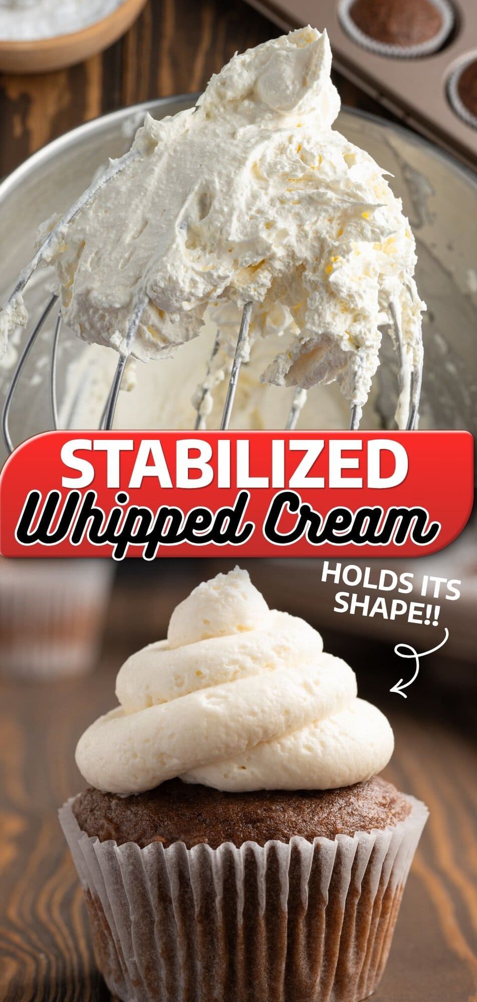 Stabilized whipped cream on a mixer whisk attachment and piped on a chocolate cupcake.