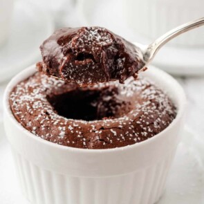 Chocolate Melting Cake on a spoon in a white ramekin