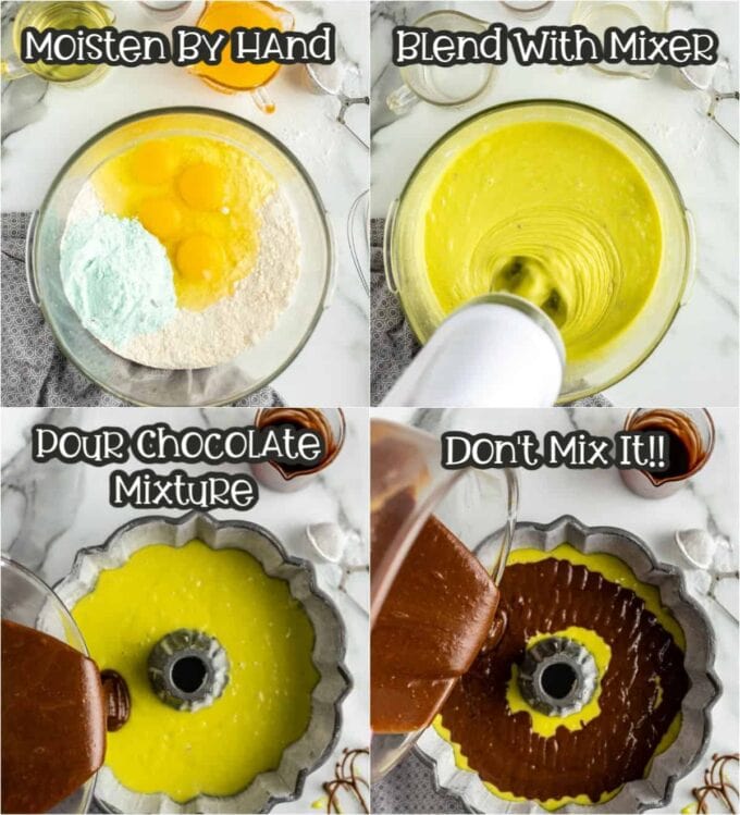 four pictures of a step by step on how to make a pistachio bundt cake