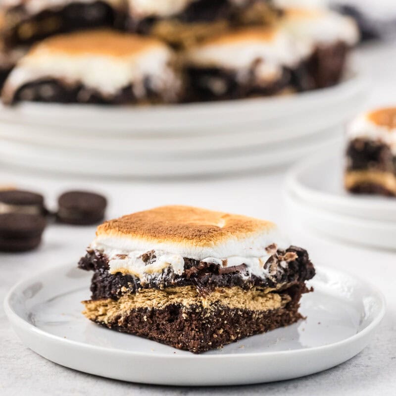 a piece of smores brownie on a plate.