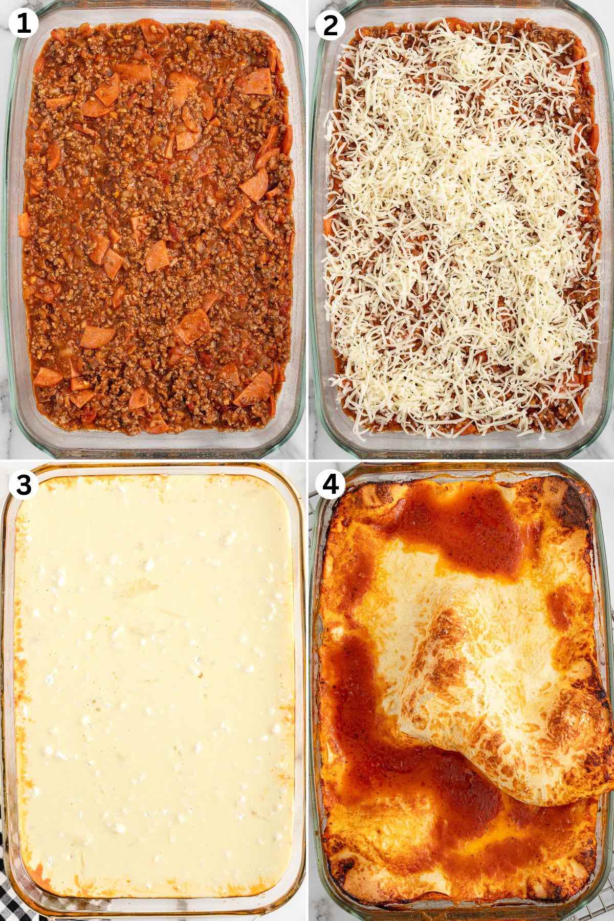 Add spaghetti sauce to the meat mixture and stir well. Spread into the bottom of the baking dish and and top with shredded mozzarella cheese. Bake until the bubble up top has puffed up and is deep golden brown.