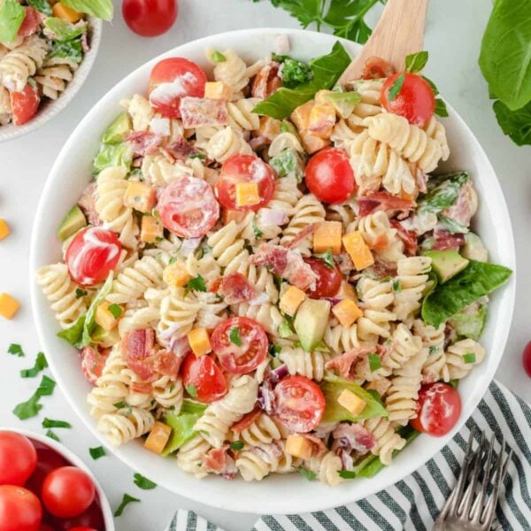 BLT pasta salad in a white bowl