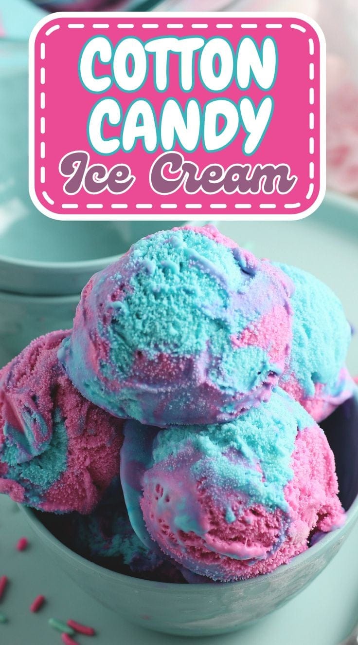 Scoops of blue, pink and purple cotton candy ice cream served in a turqoise bowl.
